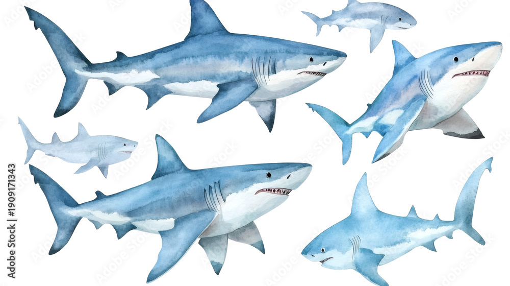 Fototapeta premium Watercolor illustration of seven blue sharks in various sizes and poses on white background