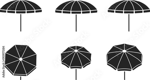 Stylized beach umbrella vector icon set, black and white silhouettes, top and side view illustration artwork, summer design, vacation, seaside, outdoor graphic