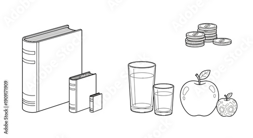 Comparison of sizes: books, coins, glasses of water, and apples