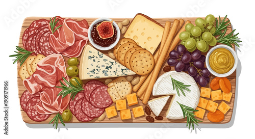 Gourmet charcuterie board with assorted meats, cheeses, and dips