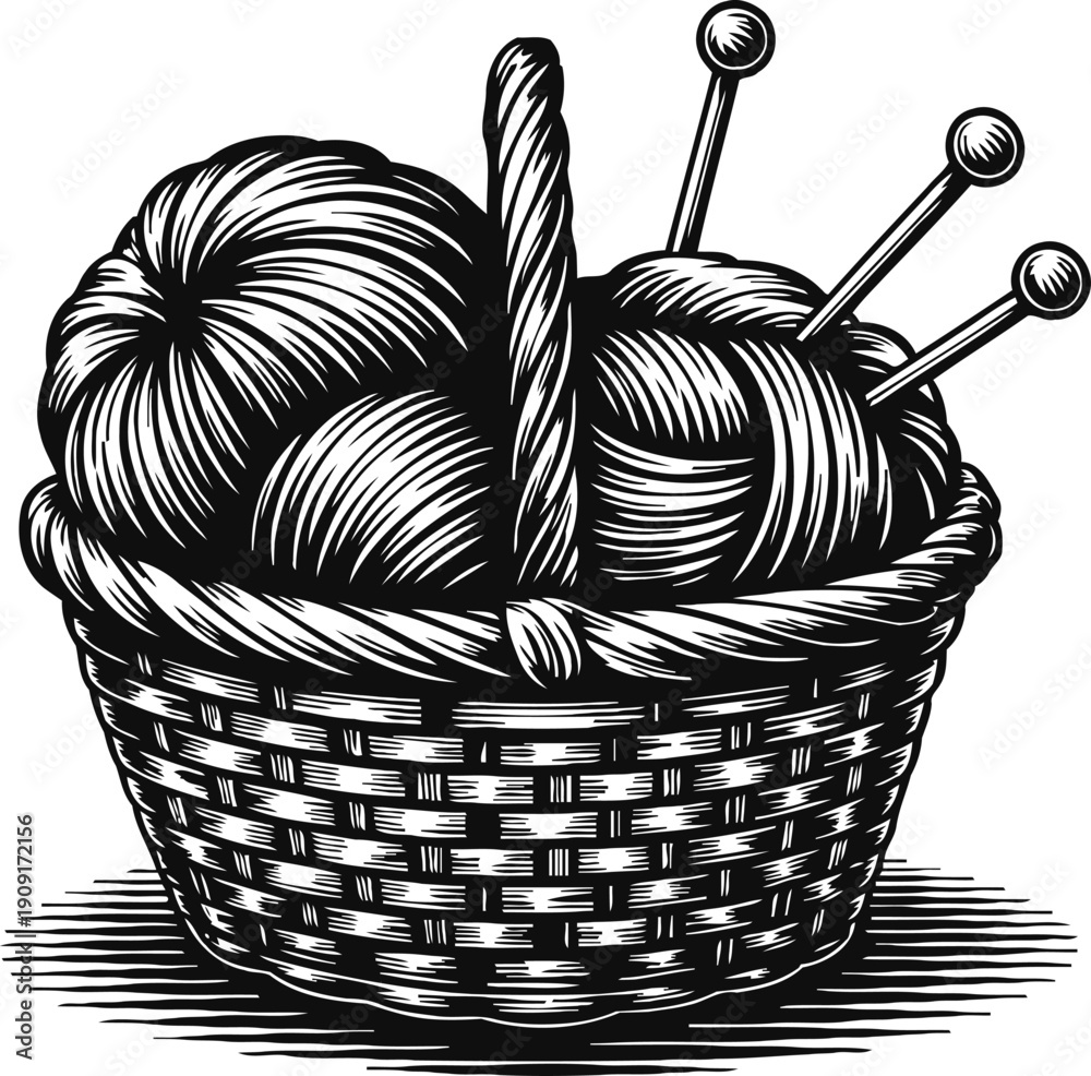 Fototapeta premium Basket with yarn balls and knitting needles handcraft supplies for knitting and crocheting hobby illustration