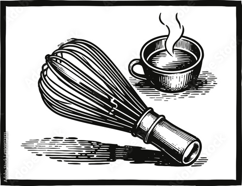 Vintage kitchen whisk and steaming cup of coffee in classic black and white engraving