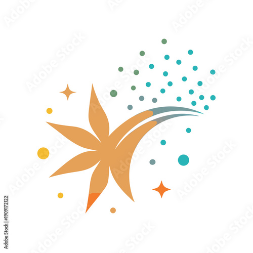 A colorful star with sparks and dots on a white background