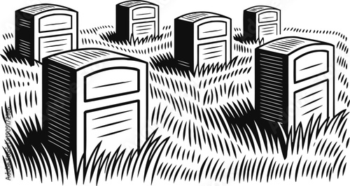 Gravestones in overgrown grass field cemetery tombstones, memorials, and grave markers outdoors