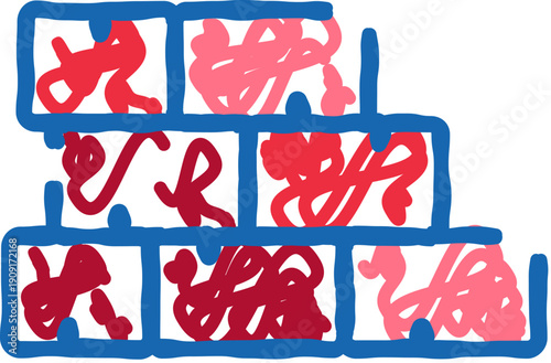 Abstract illustration showing a wall constructed with rectangular building blocks, each filled with red and pink scribbles, symbolizing creative construction or an unfinished project