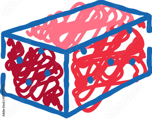 Outlined box containing interwoven muscle fibers in shades of red and multiple blue dots representing cell nuclei, illustrating the basic structure of a muscle tissue