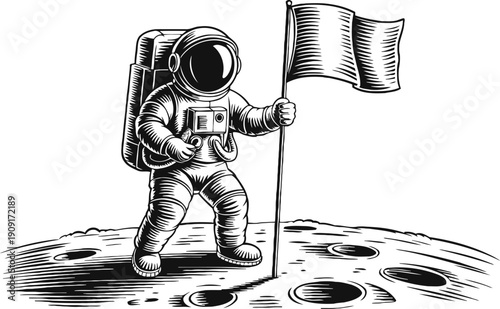 Astronaut planting flag on moon surface with craters space exploration and lunar mission concept illustration