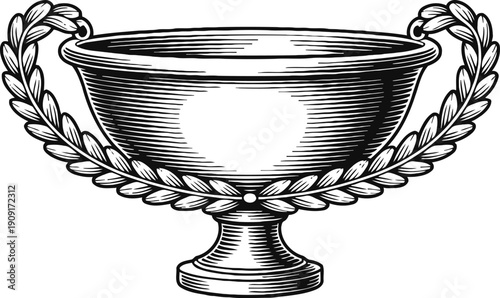 Elegant vintage trophy cup with laurel wreath handles, classic award symbol illustration