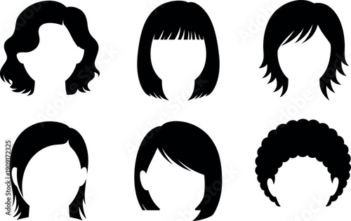 Collection of six diverse black hair silhouette styles isolated on a white background for graphic design