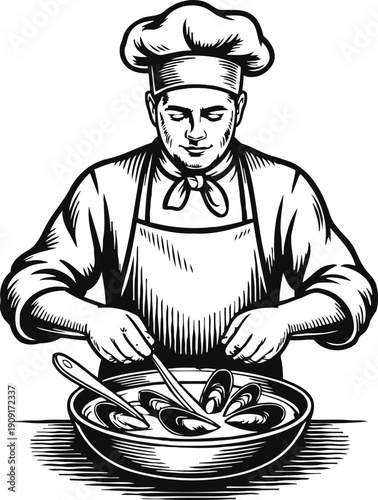 Chef preparing seafood dish in large bowl with mussels, cooking utensils, culinary expertise concept