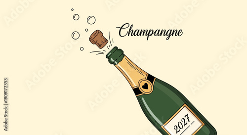 Champagne Bottle Cork Pop, Bubbles, and Year 2027 Label - Celebration Concept