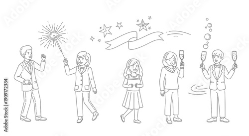 Celebration Line Art: People Toasting, Sparkler, Stars, and Banner