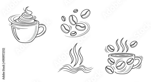 Coffee Beans, Hot Drink, and Whipped Cream Cup - Hand-Drawn Sketch Icons