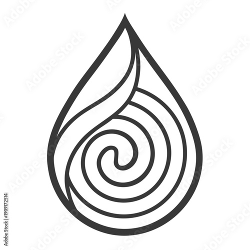 A black and white image of a teardrop with a spiral design