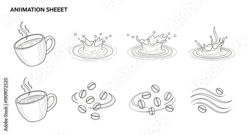 Coffee Animation Sheet: Steaming Cup, Water Drops, and Coffee Beans Motion Graphics
