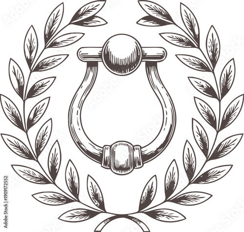Vintage laurel wreath with decorative metal door knocker illustration, ornamental classic design element