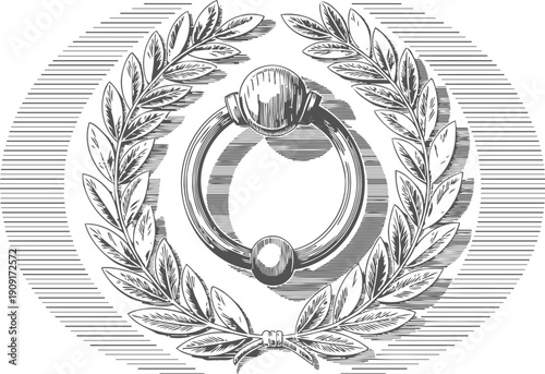 Vintage laurel wreath surrounding ornate door knocker ring engraving drawing