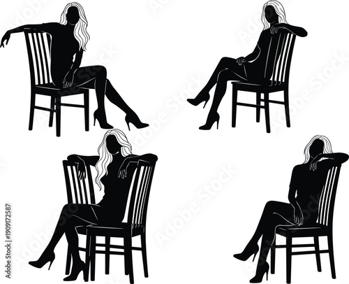 Elegant woman silhouettes sitting on chair in sensual fashionable poses isolated on white background for beauty, fashion illustration, feminine lifestyle, and modern design concepts