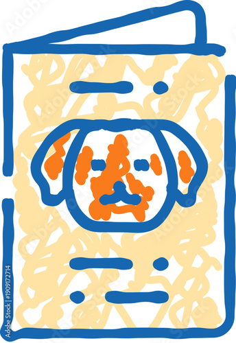 Dog pet passport with identifying information and dog's face, illustrating animal documentation for travel, vaccination records, and veterinary health