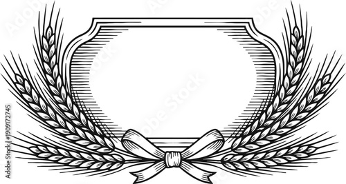 Vintage wheat sheaf frame with ribbon banner, agricultural harvest, rustic farming emblem design