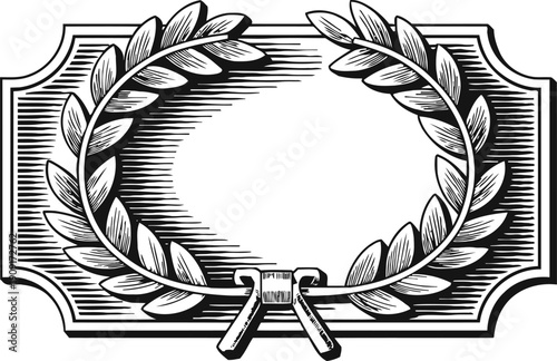 Vintage laurel wreath frame with ribbon bow border in black and white engraving