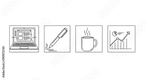 Business concept icons: laptop, pen, coffee, graph. Work, strategy, planning, success.