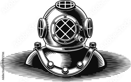 Vintage deep sea diving helmet illustration with detailed metalwork and classic design