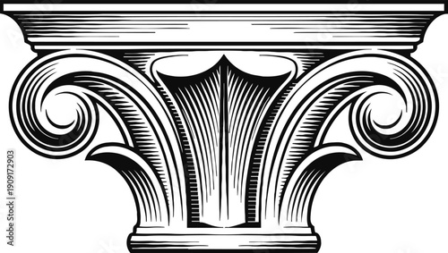 Classical ionic column capital with fluted volutes and detailed ornate carving design