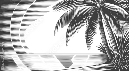 Monochrome tropical beach scene with palm trees and ocean waves in vintage woodcut