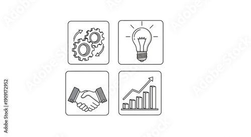 Business icons: gears, lightbulb, handshake, growth chart. Concept of strategy, ideas, partnership, success.