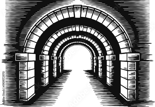 Stone archway corridor with perspective view vintage black and white tunnel illustration