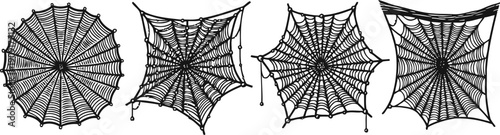 four detailed black spider webs isolated on white background with intricate radial and spiral patterns