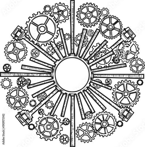 mechanical gear and ruler circle industrial clockwork, engineering parts and measuring tools, technical concept illustration