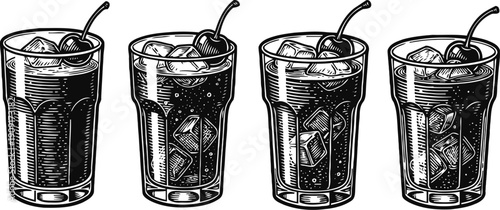 Four detailed hand drawn glasses of soda with ice cubes and straws, vintage beverage illustration