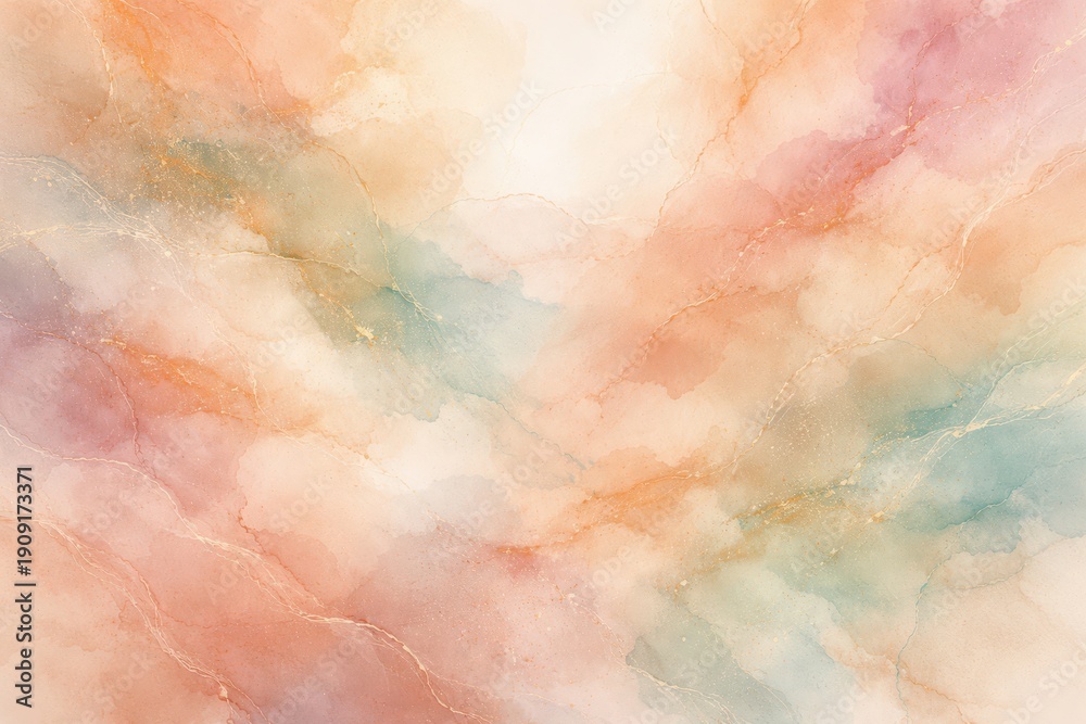 Fototapeta premium Abstract watercolor painting with soft pastel colors, creating a dreamy and calming effect, with hints of gold shimmering throughout the delicate washes of color.