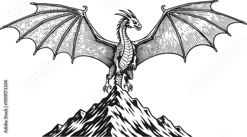 Majestic dragon with outstretched wings standing atop a rugged mountain peak illustration