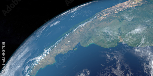Andes Mountains or Andean Mountain Range, America. Aerial view from space