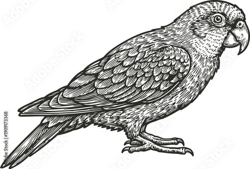 Detailed black and white illustration of a parrot with intricate feather patterns and strong beak