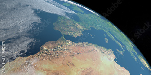 Atlas Mountains and Europe. Aerial view from space. 3d render
