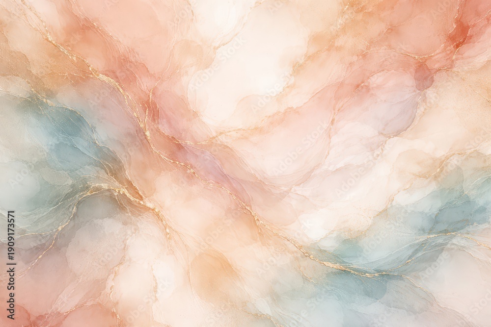 Fototapeta premium An elegant marble texture background with flowing pastel colors of peach, pink, and blue with golden veins, creating a luxurious and sophisticated abstract design.