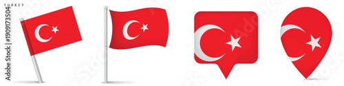Collection of Turkey national flag elements with waving flag illustrations and map pin markers. Isolated on white background for travel, navigation and graphic design projects.