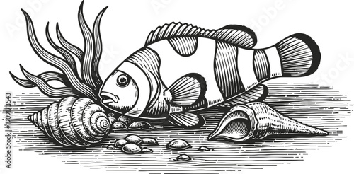 Hand drawn clownfish with seashells on the ocean floor, marine life, underwater illustration