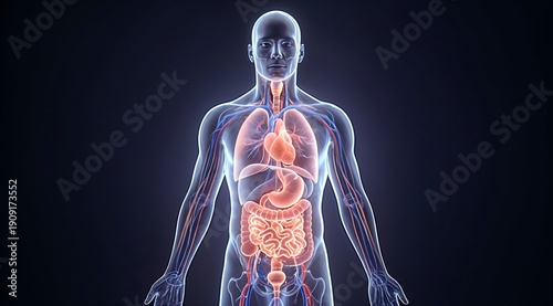 Human body with transparent skin showing the digestive system and blood vessels in a dark background with glowing effect.