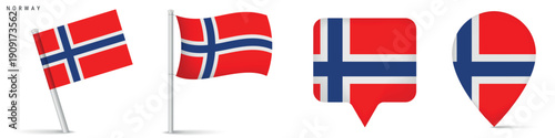 Norway national flag presented as waving flag on pole and map pin icons. Vector illustration isolated on white, suitable for travel, location and country concepts.