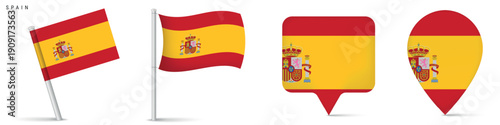 Spain flag set with waving flag and map pins