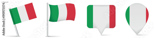 Italy flag set with waving flag and map pins