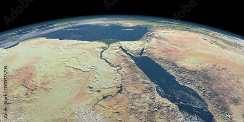 Nile River and Red Sea in earth planet. 3d render