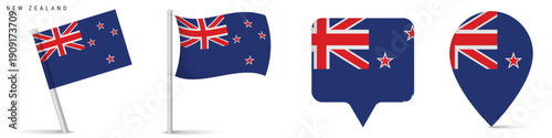 Collection of New Zealand national flag icons with waving flag and map pin markers. Isolated design for travel, geography, navigation and Oceania related projects.