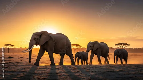 Fototapeta Elephant Family Walks Across a Plains at Golden Hour Sunset