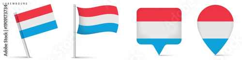 Set of Luxembourg national flag icons including waving flag and location map pins. Clean isolated design for travel, geography, navigation and European country themes.